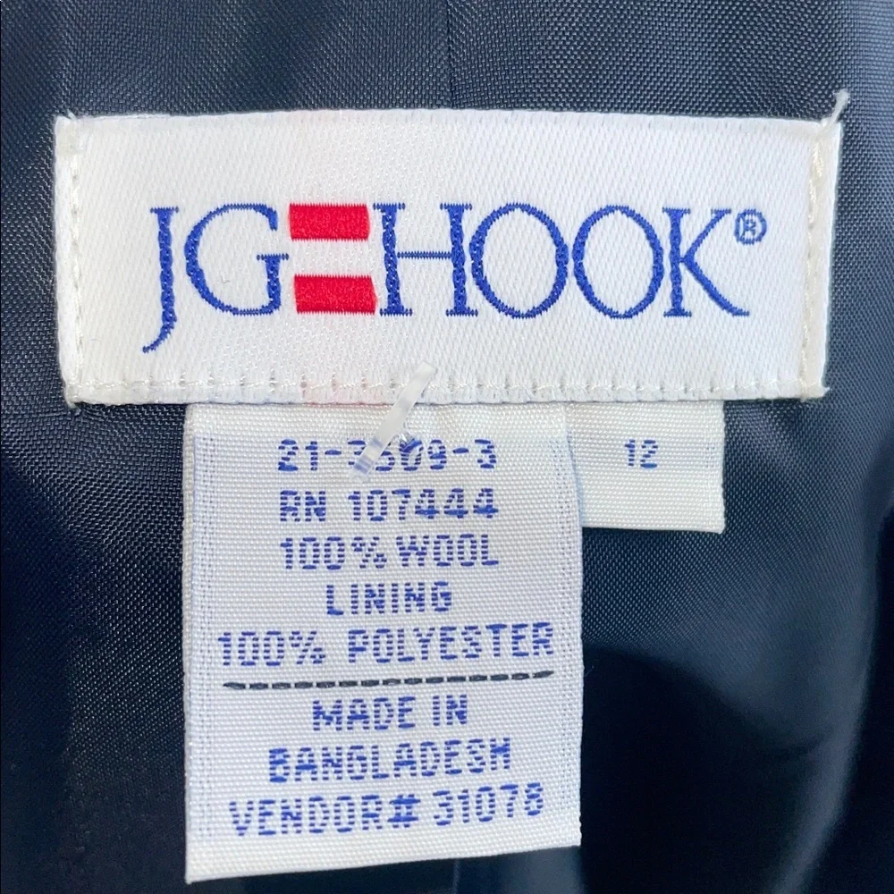 J G Hook Vintage Wool Lined Navy Blue Women's Blazer. Size 12. Tailored Waist.